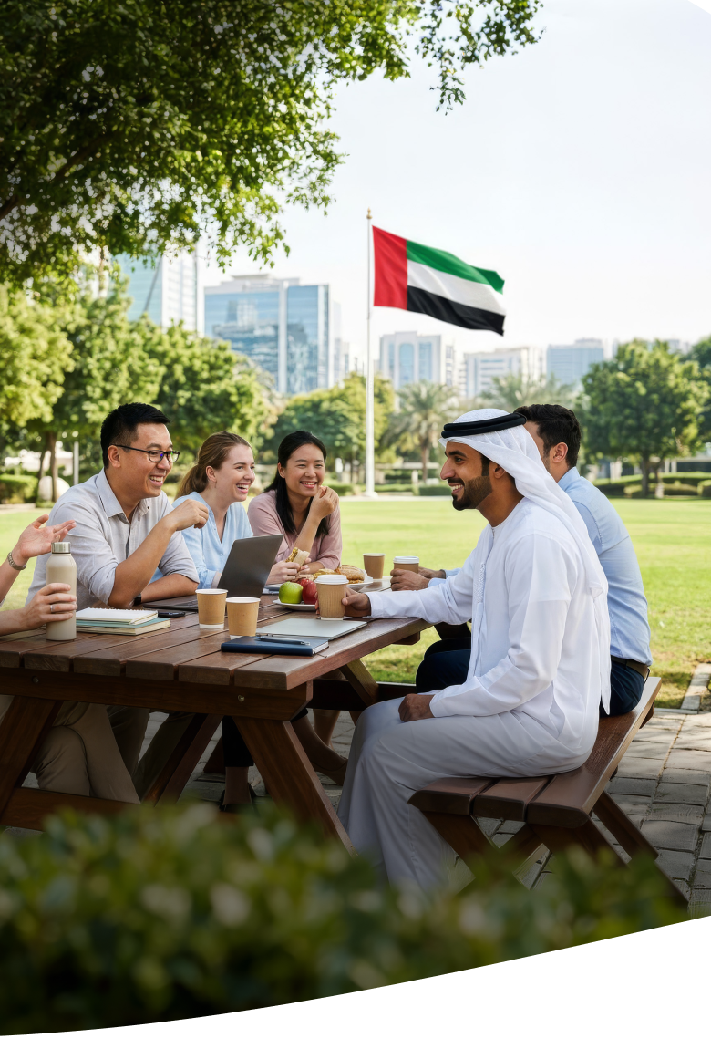 Colleagues having a meeting outdoors in a park in the UAE