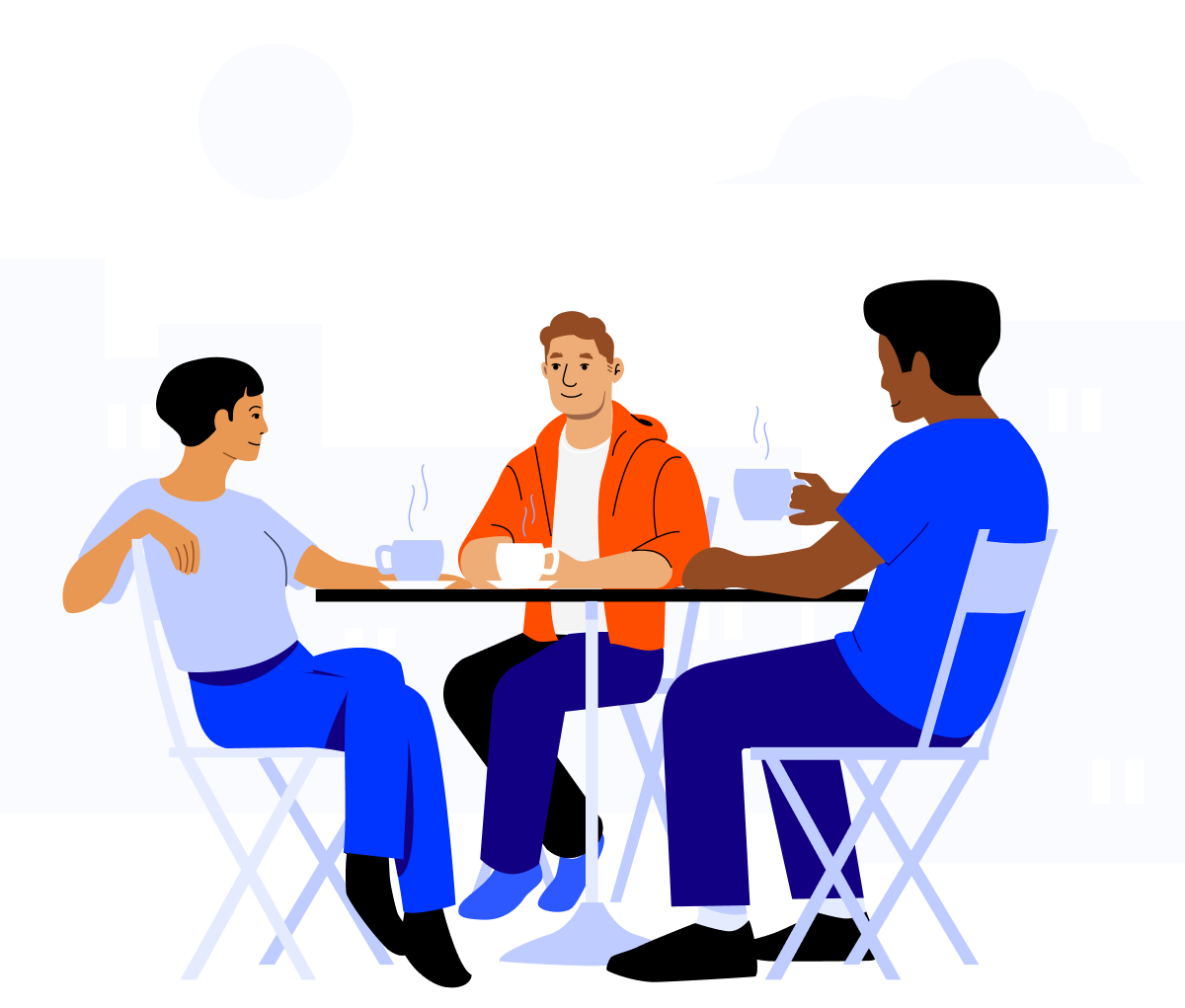 Cartoon graphic of three people talking around a coffee table