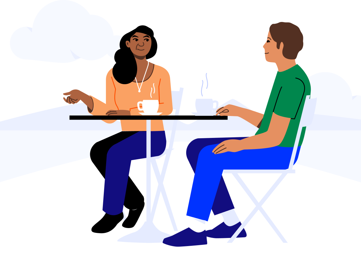 Cartoon graphic of three people talking around a coffee table
